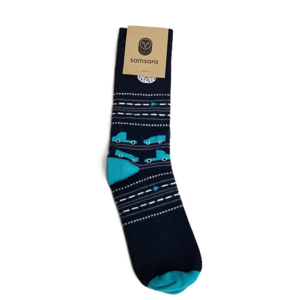 Samsara Novelty Truck Print Crew Socks Navy Turquoise Stripe Cotton Blend